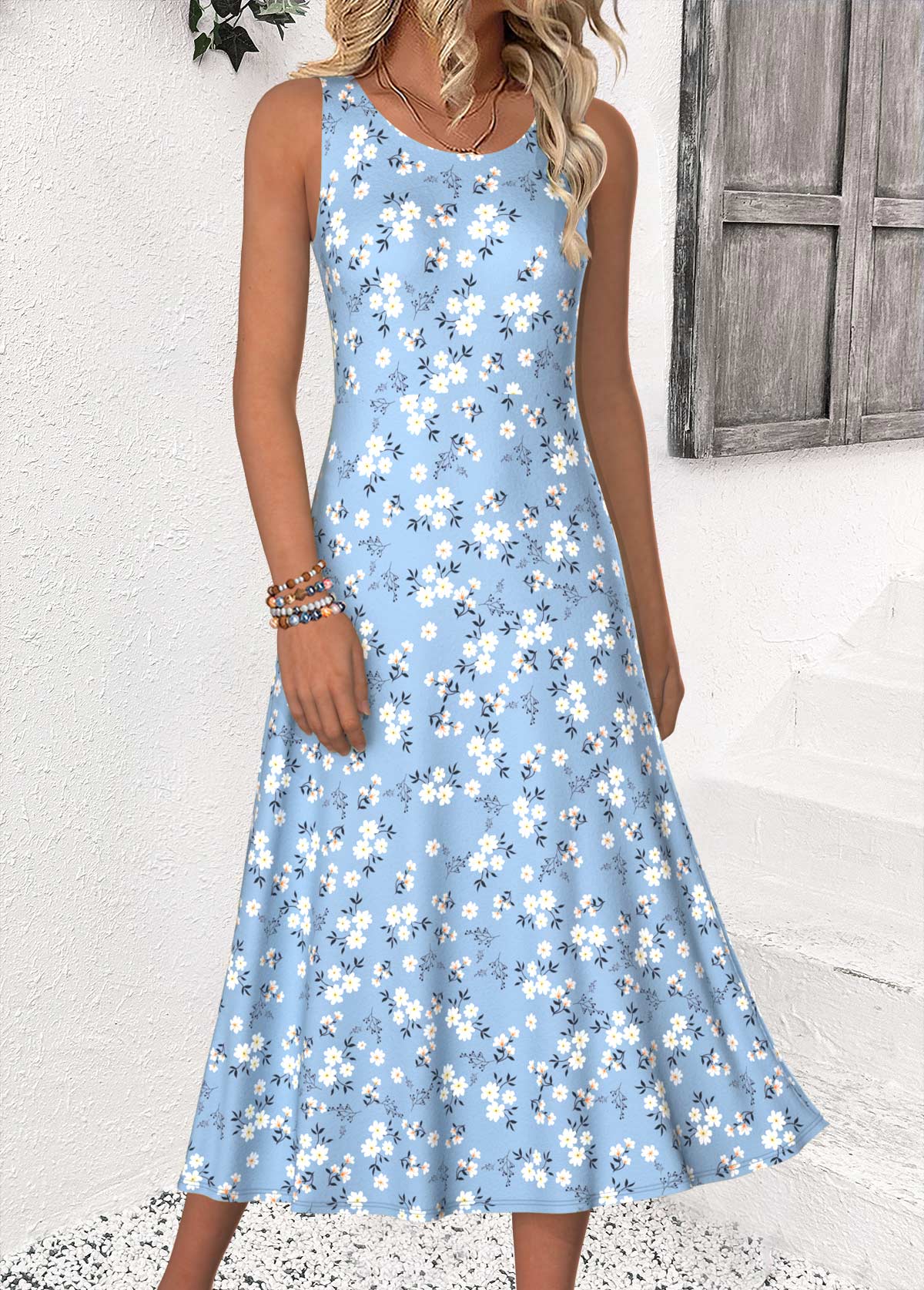 Ditsy Floral Print Blue Dress and Cardigan