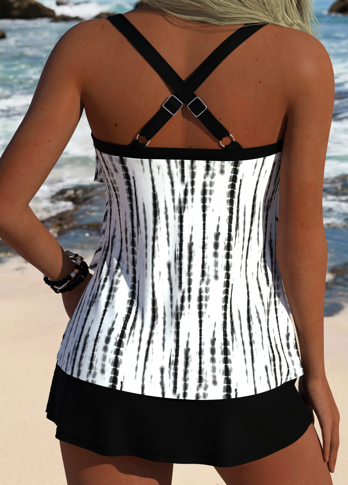 Mid Waisted Tie Dye Print Black Tankini Set
