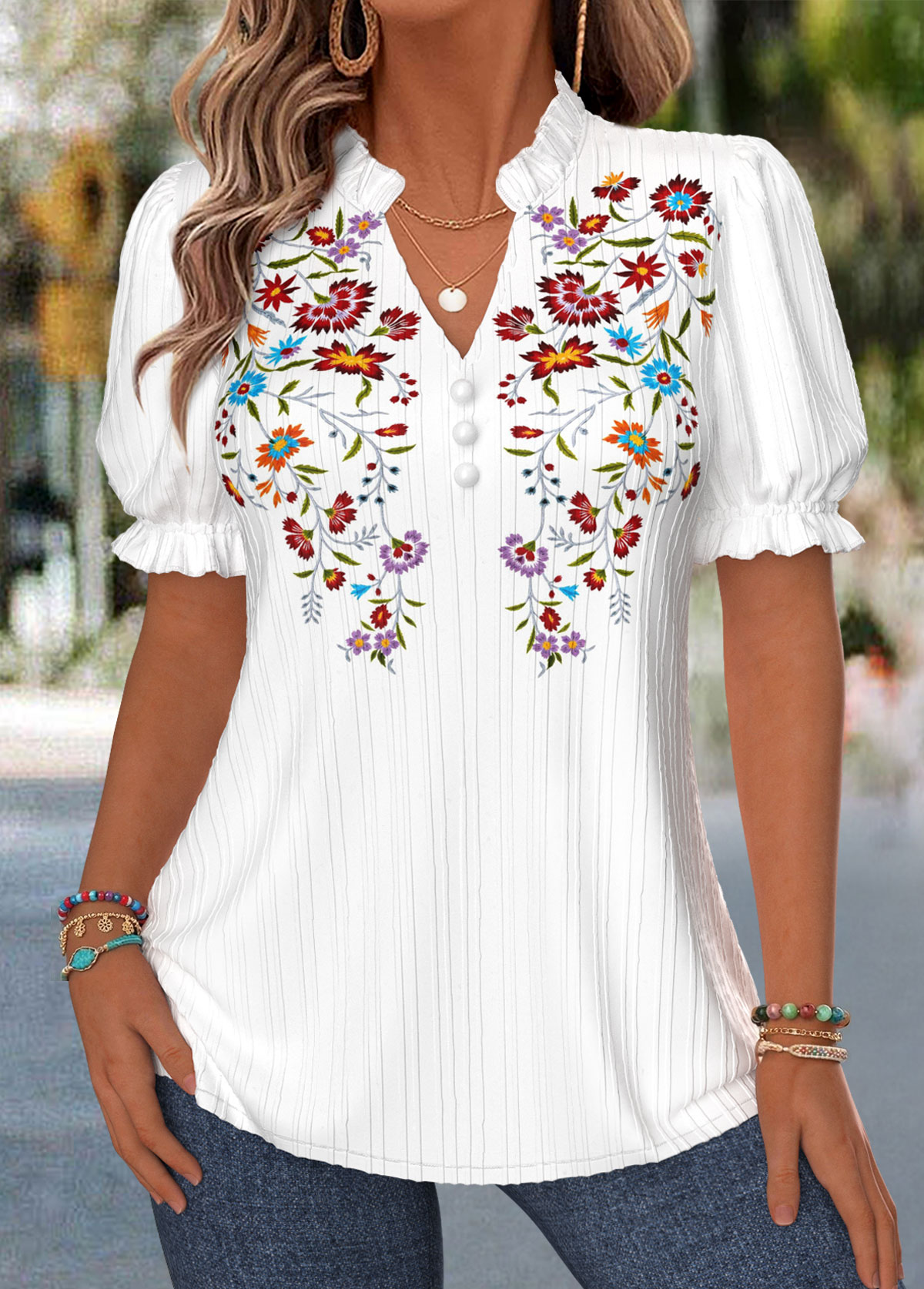 Floral Print Curved Hem White Short Sleeve Blouse