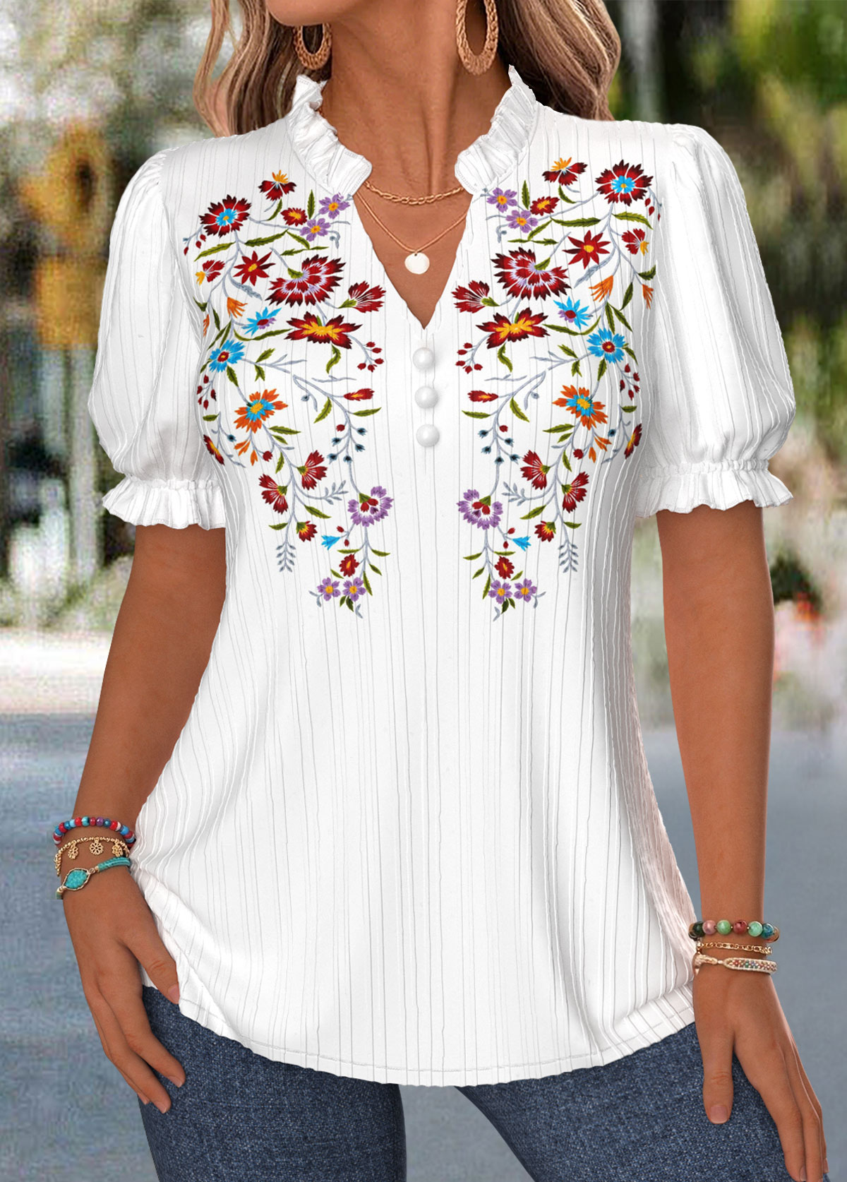 Floral Print Curved Hem White Short Sleeve Blouse