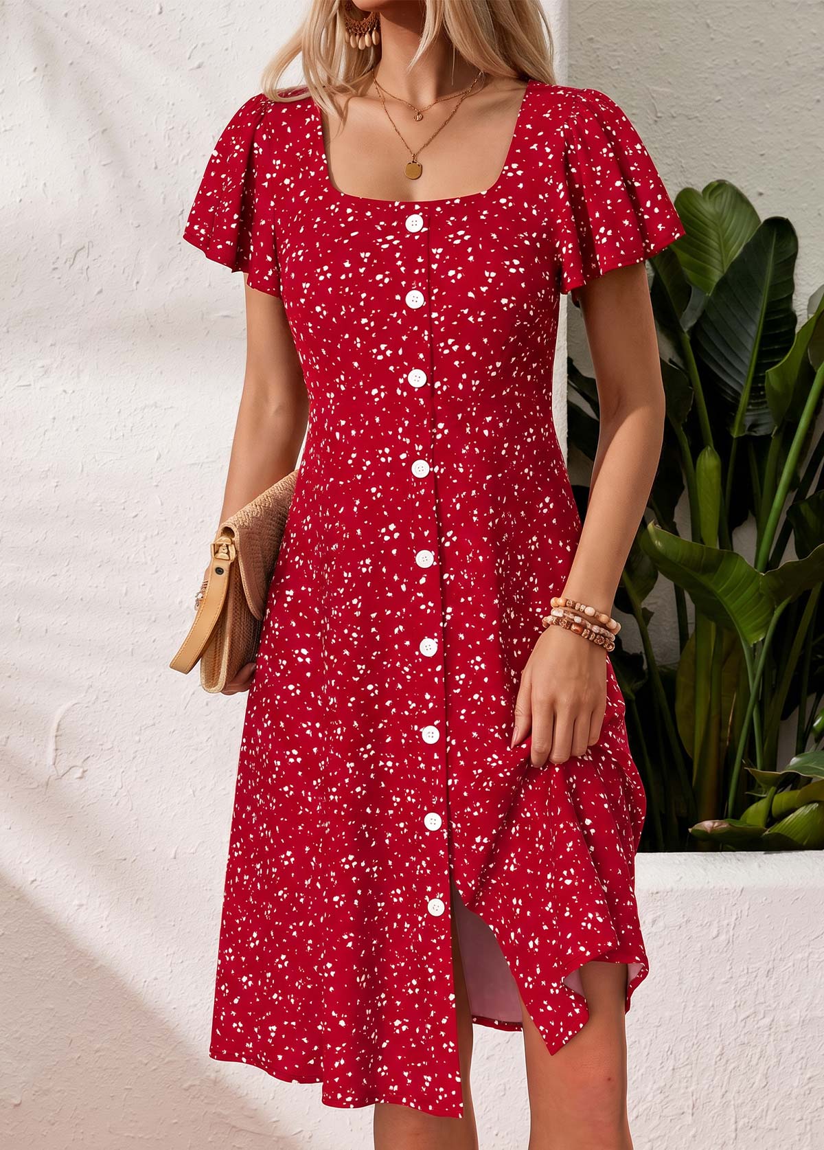 Polka Dot Tummy Coverage Red Short Sleeve Dress