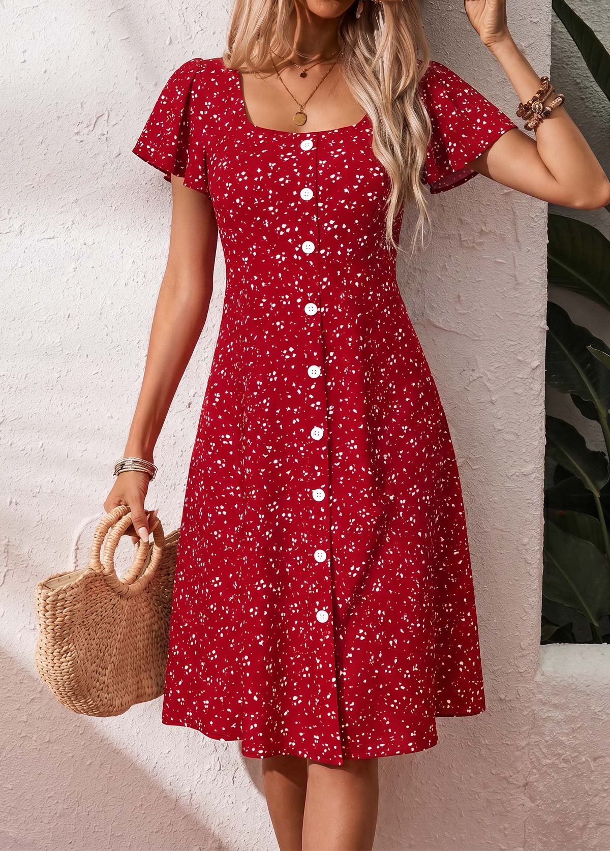 Polka Dot Tummy Coverage Red Short Sleeve Dress