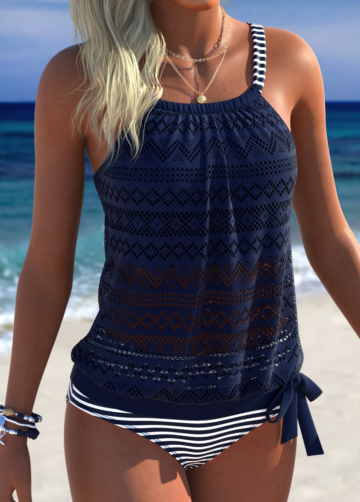Mid Waisted Striped Blouson Navy Tankini Set