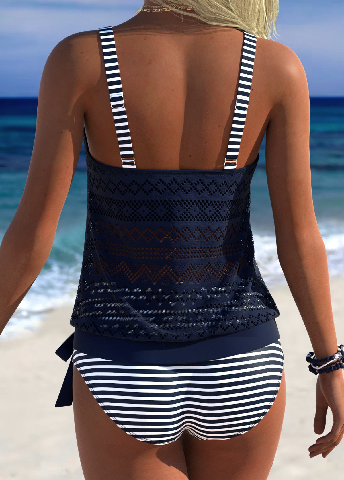 Mid Waisted Striped Blouson Navy Tankini Set