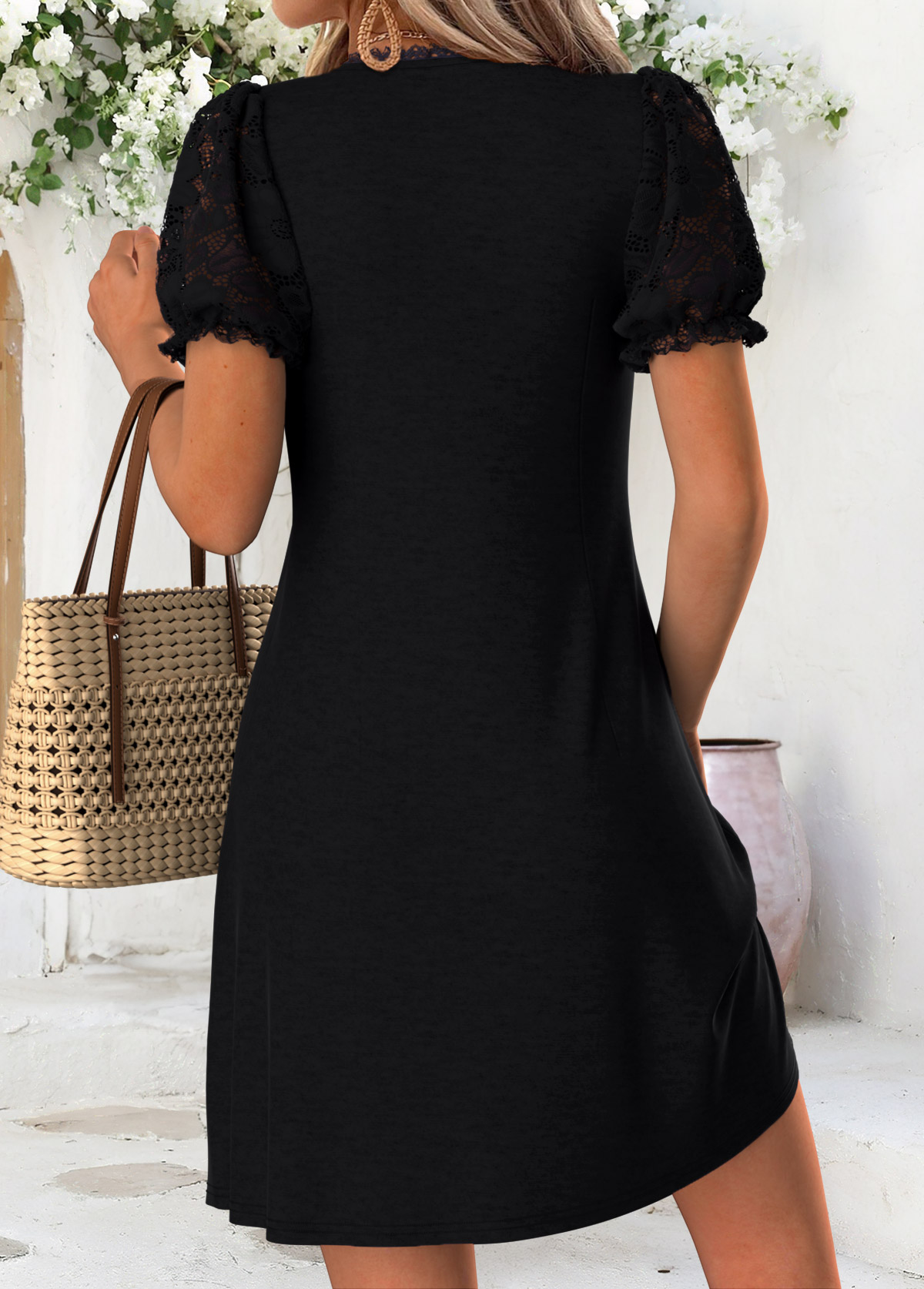 Tuck Stitch Black Short V Neck Dress