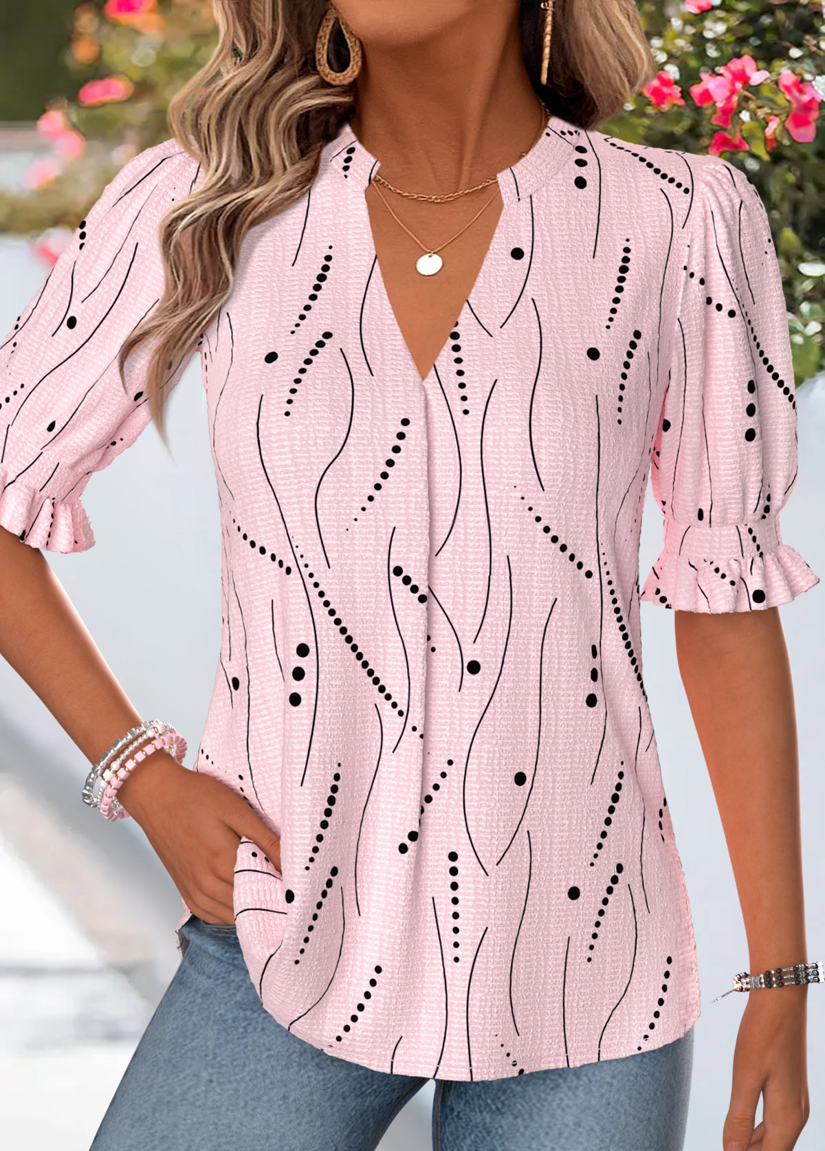 Geometric Print Shirred Light Pink Half Sleeve Blouse