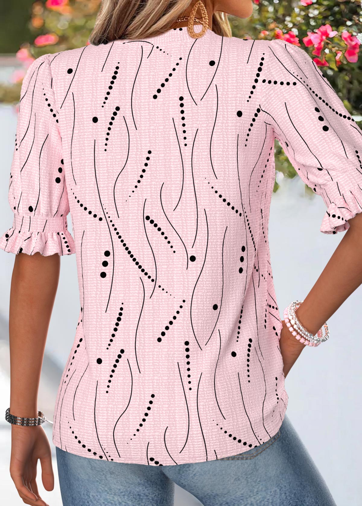 Geometric Print Shirred Light Pink Half Sleeve Blouse