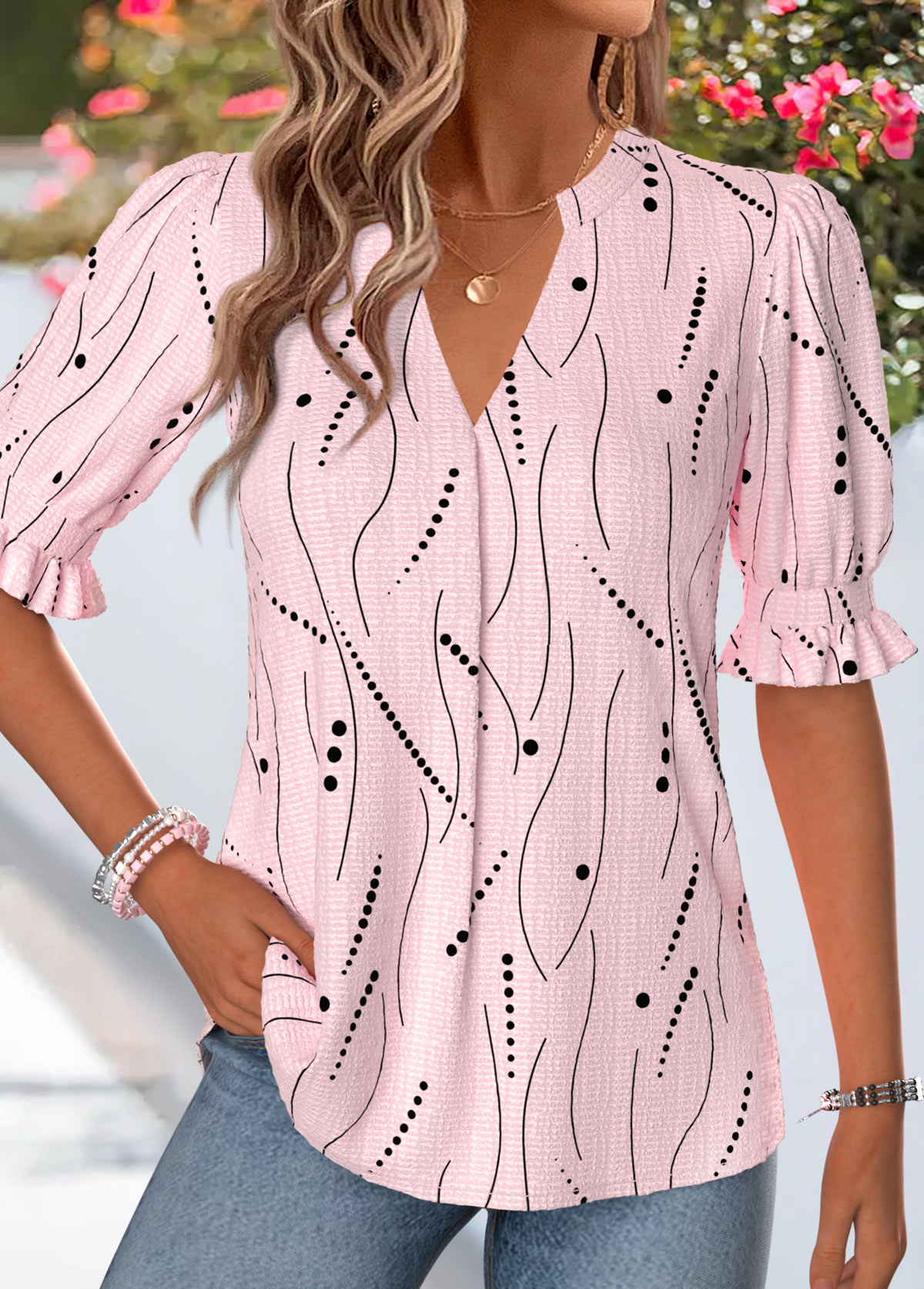 Geometric Print Shirred Light Pink Half Sleeve Blouse