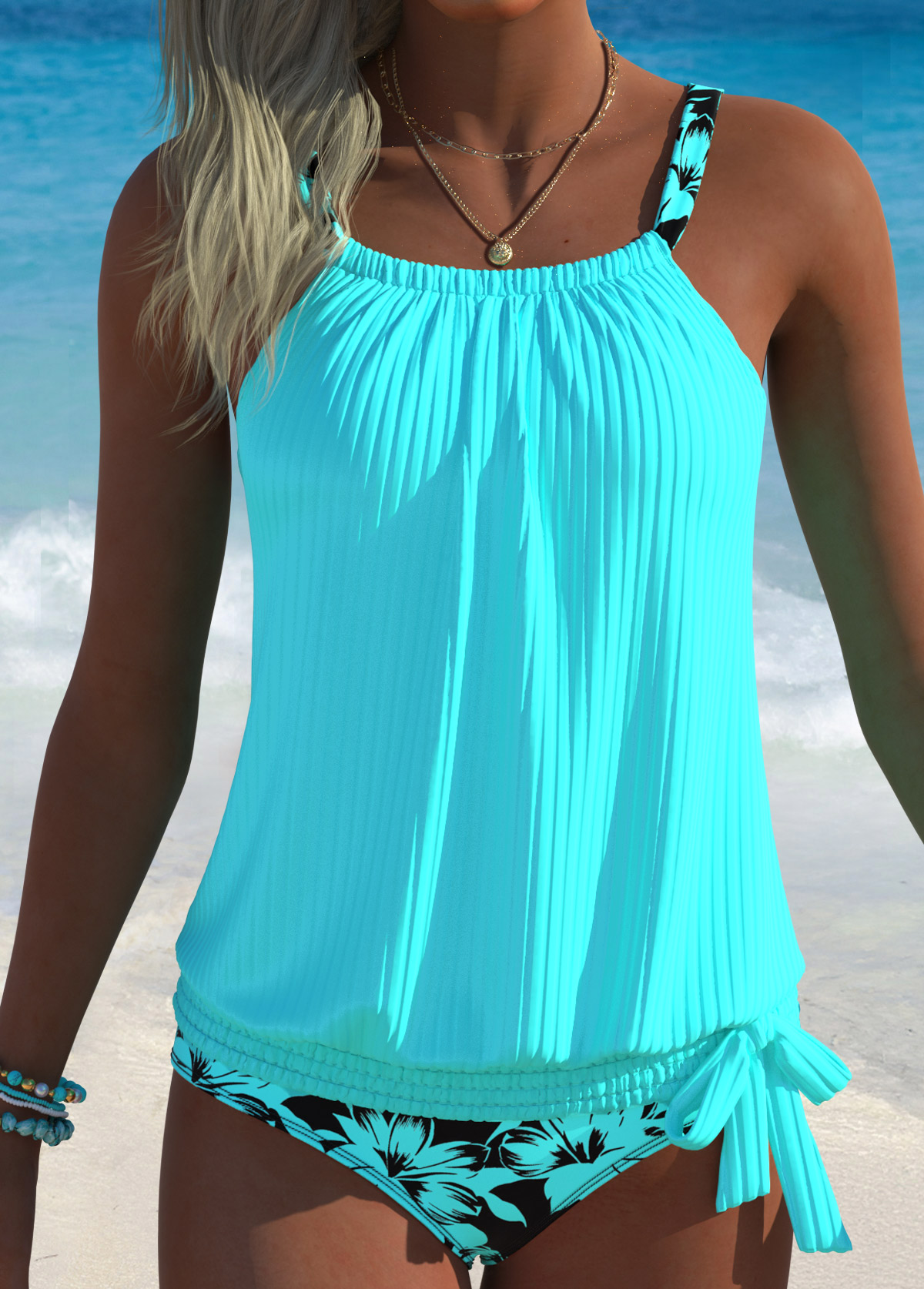 Mid Waisted Floral Print Bowknot Cyan Tankini Set