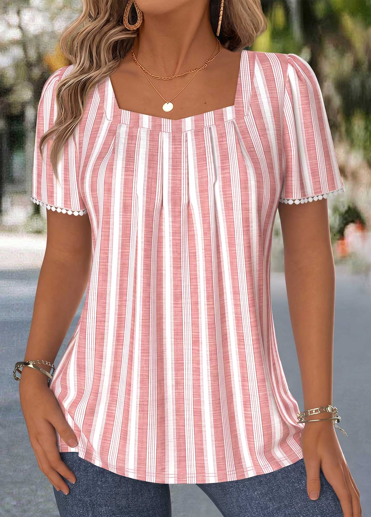 Striped Pleated Pink Short Sleeve Square Neck T Shirt