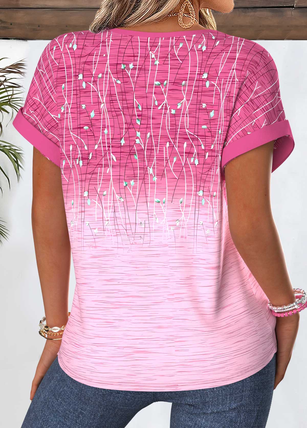 Ombre Tummy Coverage Pink Short Sleeve Split Neck Blouse