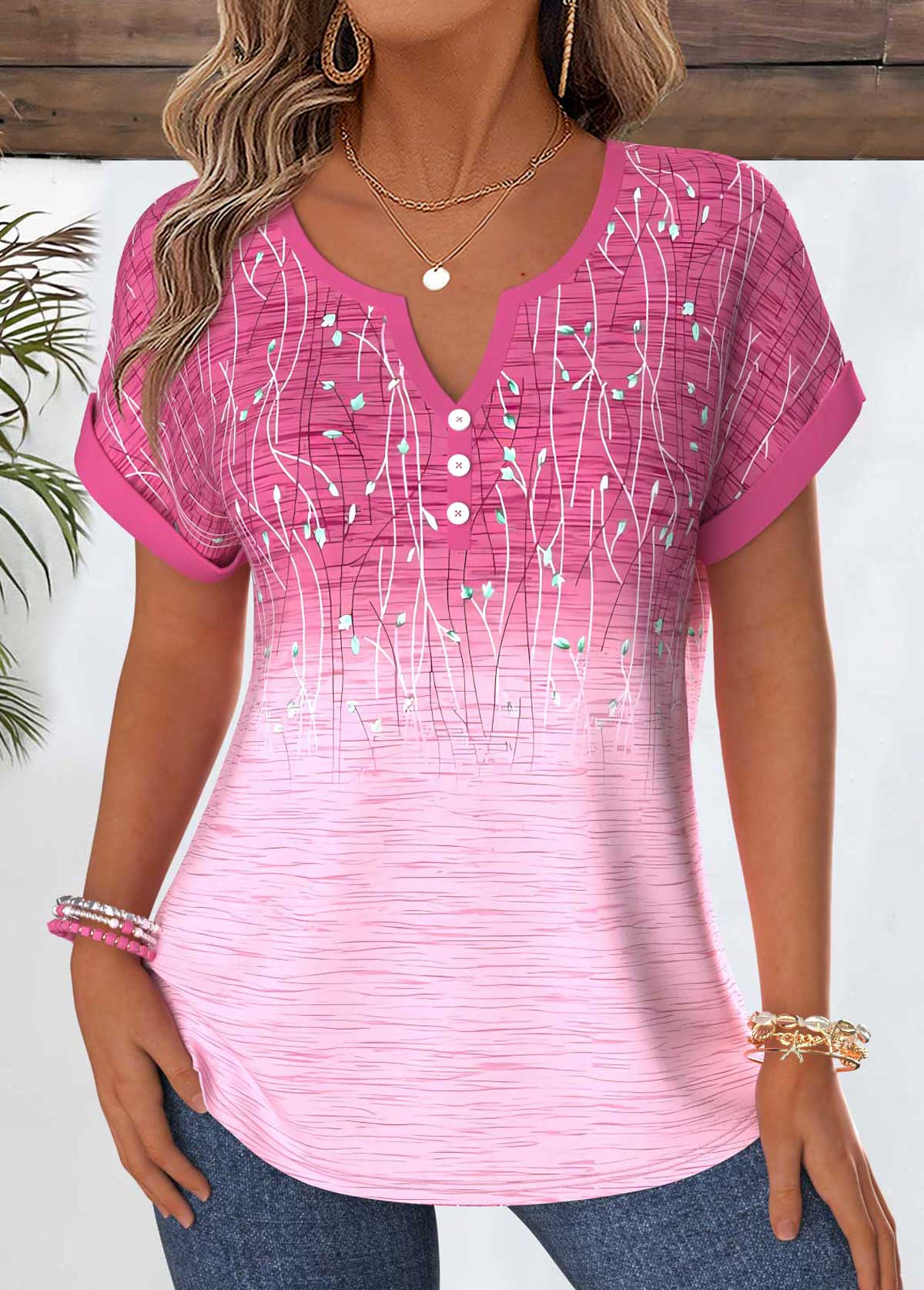 Ombre Tummy Coverage Pink Short Sleeve Split Neck Blouse