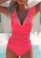 Mid Waisted Plaid Ruffle Red Tankini Set