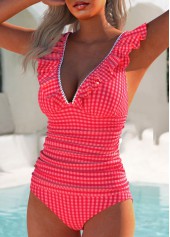 Mid Waisted Plaid Ruffle Red Tankini Set
