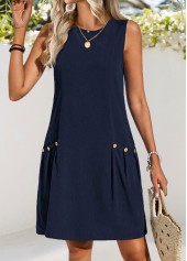 Double Side Pockets Navy Short Sleeveless Round Neck Dress