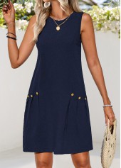 Double Side Pockets Navy Short Sleeveless Round Neck Dress