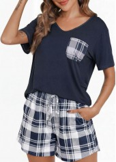 Plaid Navy V Neck Lounge Top and Shorts