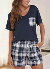 Plaid Navy V Neck Lounge Top and Shorts