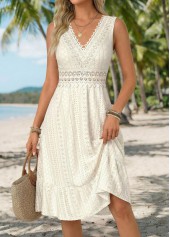 Shirred Beige Sleeveless V Neck Dress