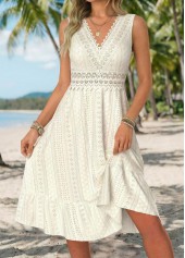 Shirred Beige Sleeveless V Neck Dress