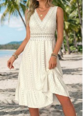Shirred Beige Sleeveless V Neck Dress