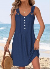 Tuck Stitch Navy Short Sleeveless V Neck Dress
