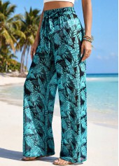 Plants Print Detail Green Elastic Waist Pants