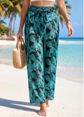 Plants Print Detail Green Elastic Waist Pants