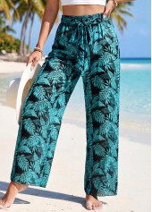 Plants Print Detail Green Elastic Waist Pants