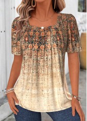 Tribal Print Patchwork Light Coffee Short Sleeve T Shirt