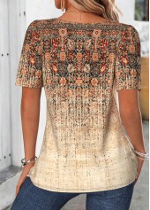 Tribal Print Patchwork Light Coffee Short Sleeve T Shirt