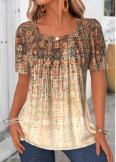 Tribal Print Patchwork Light Coffee Short Sleeve T Shirt