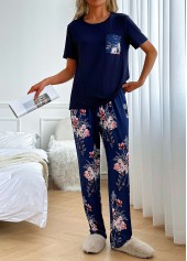 Floral Print Navy Round Neck Lounge Top and Pants