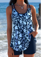 Mid Waisted Ditsy Floral Print Curved Hem Tankini Set