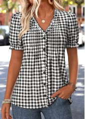 Plaid Tummy Coverage Black Short Sleeve V Neck Blouse