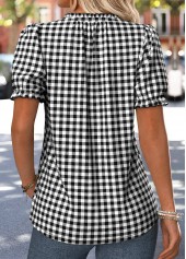Plaid Tummy Coverage Black Short Sleeve V Neck Blouse