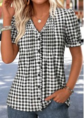 Plaid Tummy Coverage Black Short Sleeve V Neck Blouse