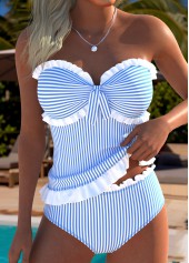 High Waisted Striped Tie Blue Tankini Set