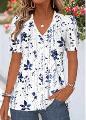 Floral Print Frill Navy Short Sleeve T Shirt