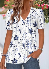 Floral Print Frill Navy Short Sleeve T Shirt