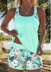 Mid Waisted Tropical Plants Print Patchwork Tankini Set