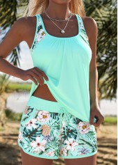 Mid Waisted Tropical Plants Print Patchwork Tankini Set