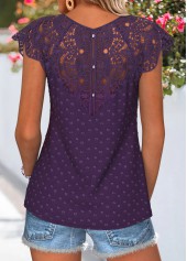 Curved Hem Purple Short Sleeve Split Neck T Shirt