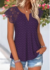 Curved Hem Purple Short Sleeve Split Neck T Shirt