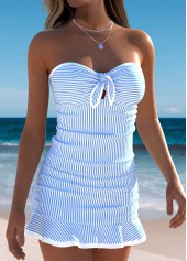 Mid Waisted Striped Bowknot Light Blue Tankini Set
