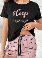 Black Round Neck Short Sleeve Lounge Top and Shorts