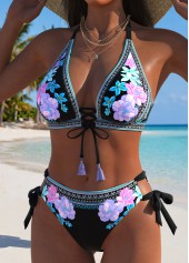 Mid Waisted Floral Print Lace Up Bikini Set