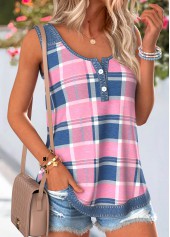 Plaid Layered Pink Sleeveless Scoop Neck Tank Top