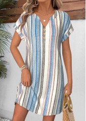 Striped Tummy Coverage Multi Color Short Split Neck Dress