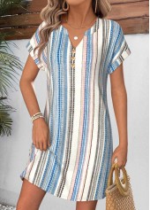 Striped Tummy Coverage Multi Color Short Split Neck Dress